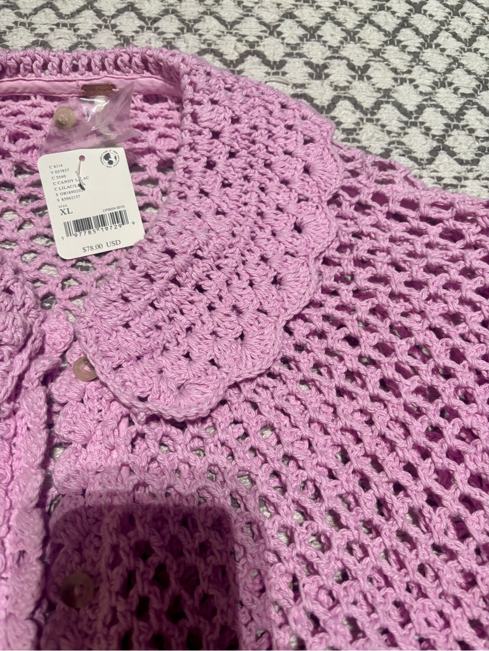 Free People Lily Crochet Top Embroidered Buttonddown Candy Lilac Cropped XL NEW - Picture 5 of 8